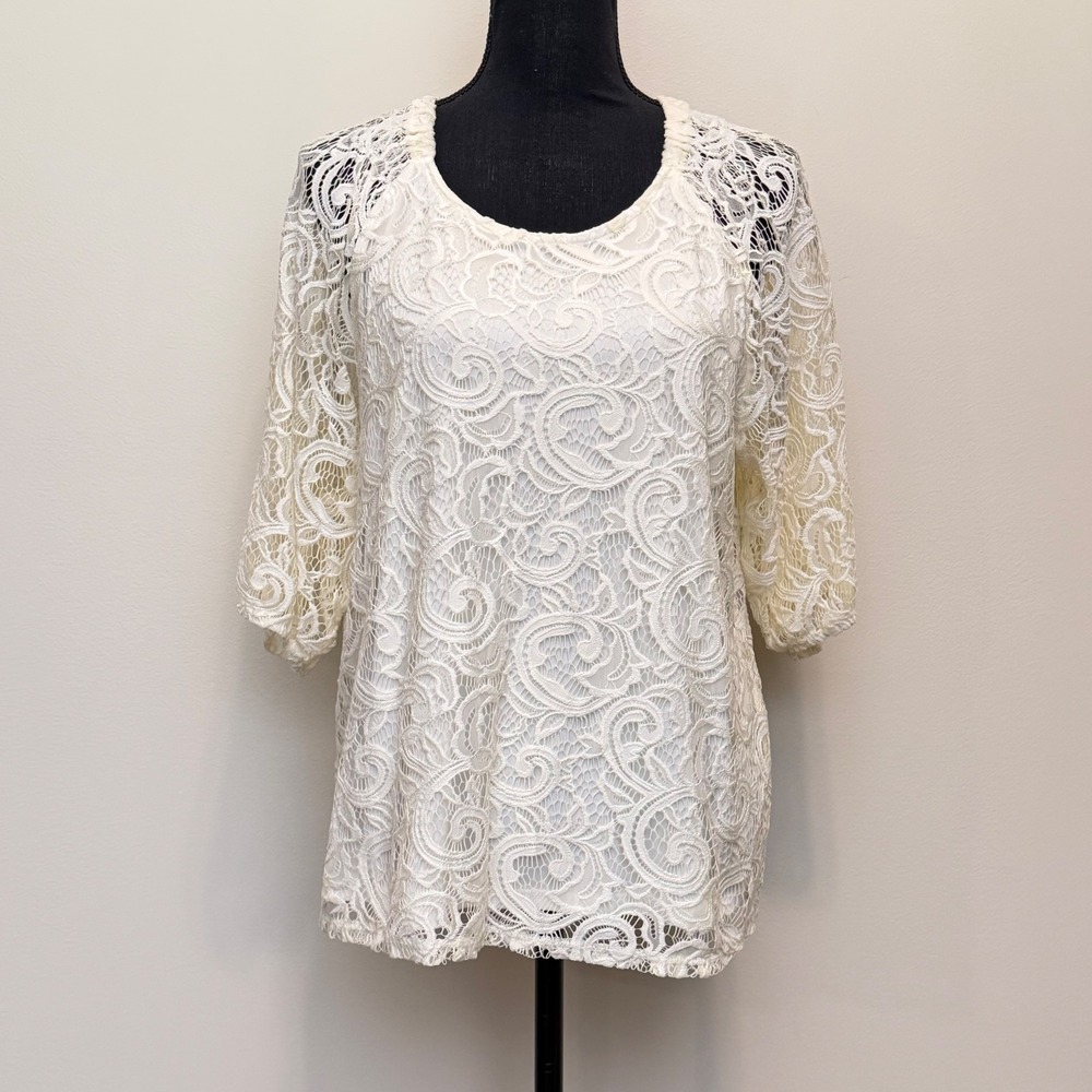 Adrianna Papell Ivory Swirl Lace Blouse Womens XL‎ 3/4 Sleeve Lined Scoop Neck